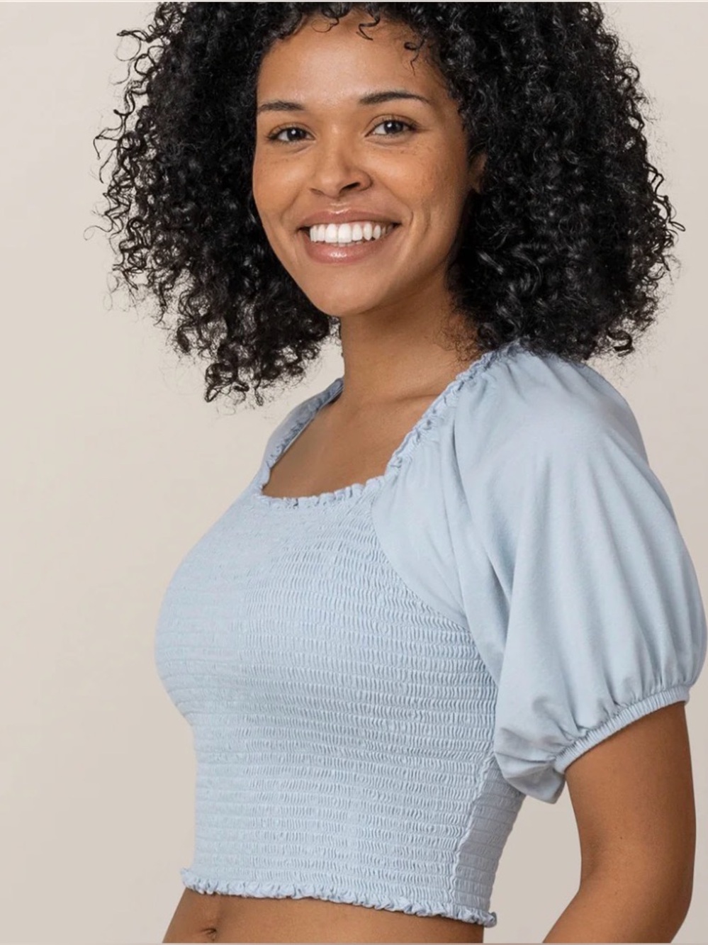 Smocked Puff Sleeve Nursing Top - Light Blue